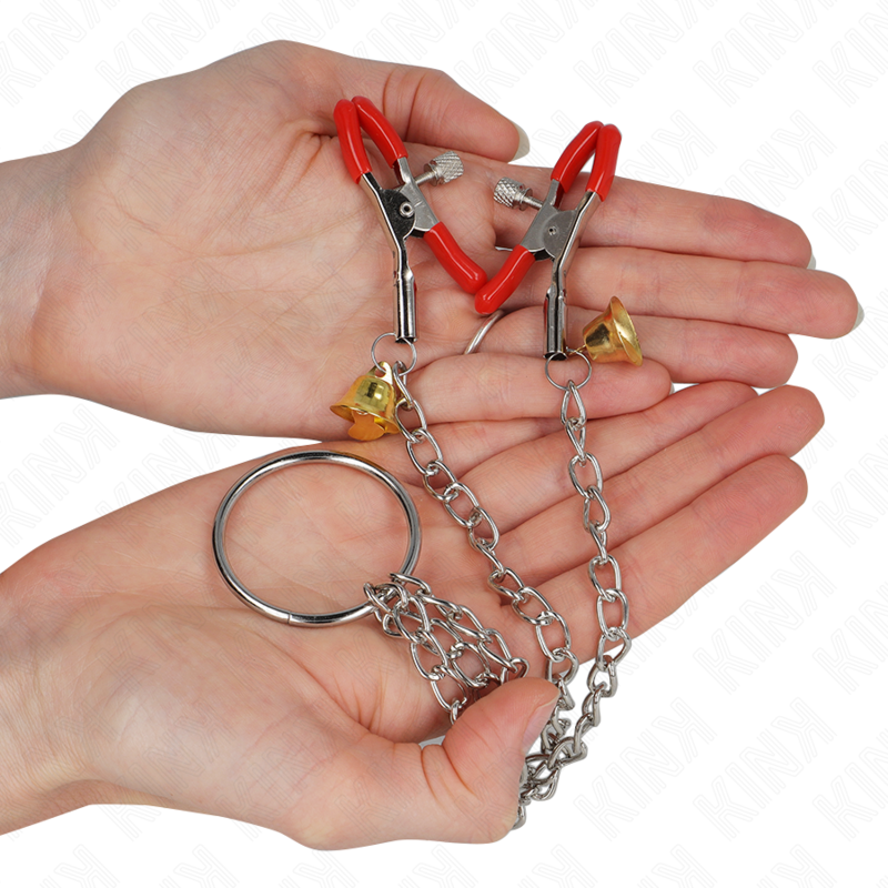 Triple red bell clit and clitoral clamps with 30 cm chain