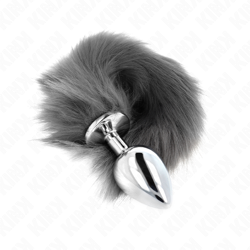 Anal plug size l 10 x 4 cm with synthetic tail 40 cm gray and white