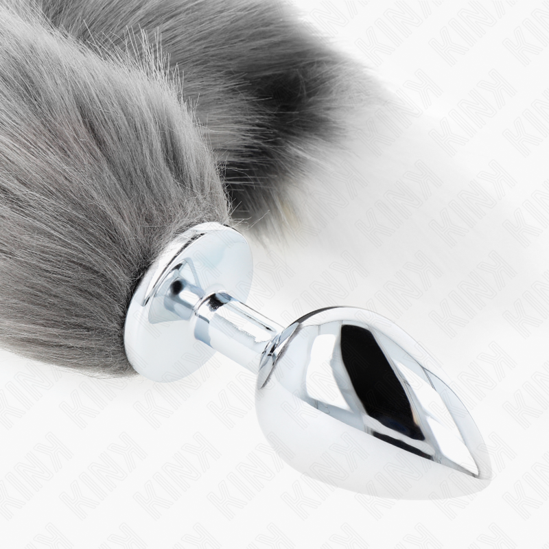Anal plug size l 10 x 4 cm with synthetic tail 40 cm gray and white
