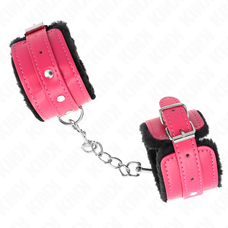 Premium black fur lined wrist rests with adjustable raspberry pink belt 17-29 cm x 6 cm