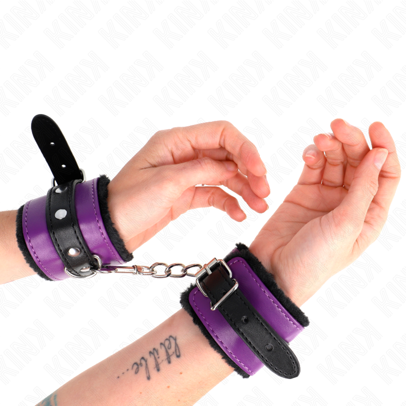 Premium black fur lined wrist rests with adjustable purple/black belt 17-29 cm x 6 cm
