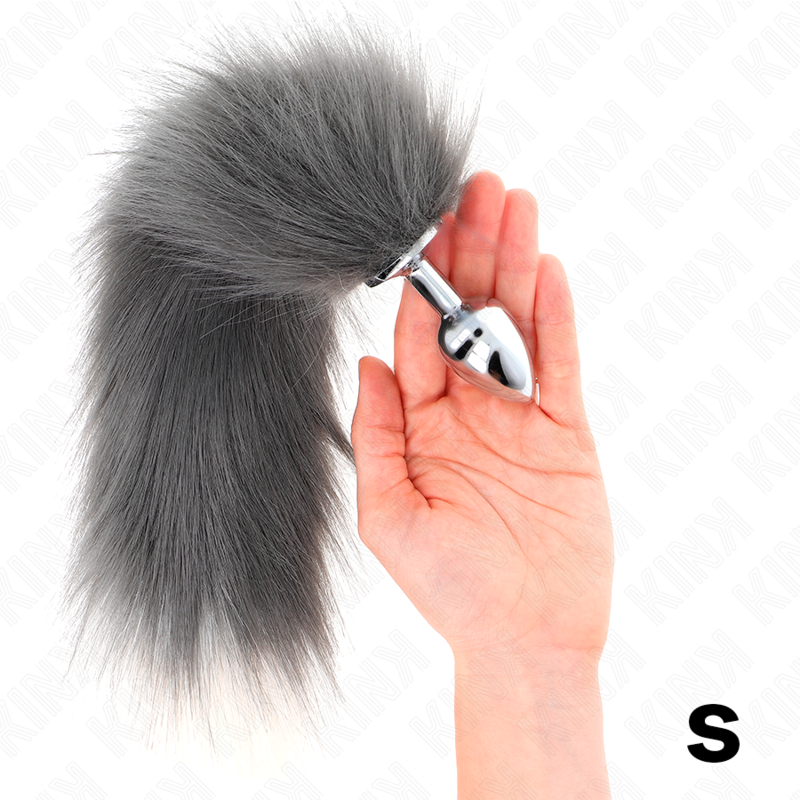 Anal plug size S 7 x 3 cm with synthetic tail 40 cm gray and white