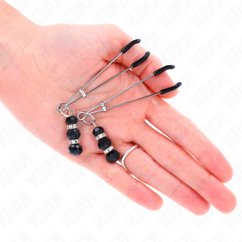 Fine gold nipple clamps with 3 black glass beads 7 cm
