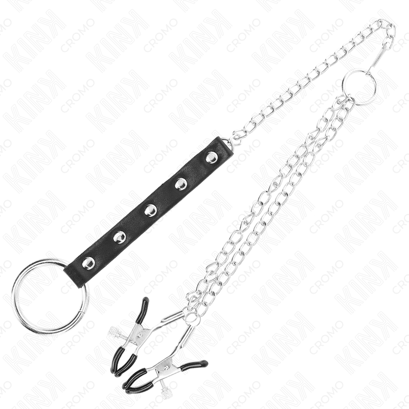Metal penis ring with chain and adjustable nipple clamps