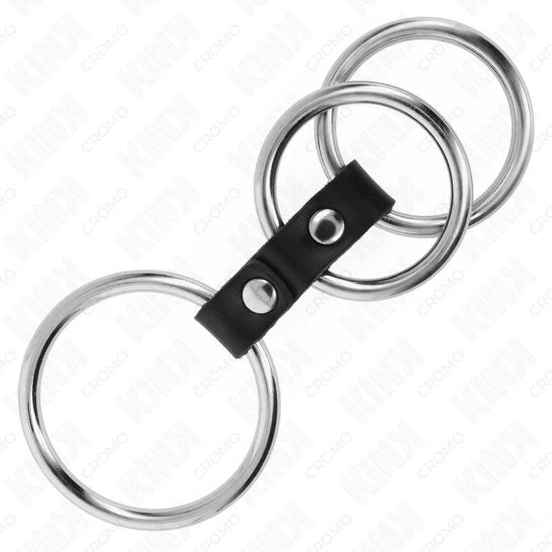 Triple metal penis ring 3.7 cm to 5 cm connected to leather