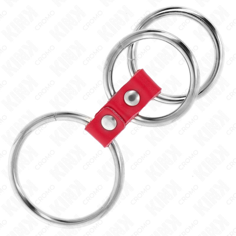 Anneau pénis triple métal 3,7 cm à 5 cm connecté avec du cuir rouge