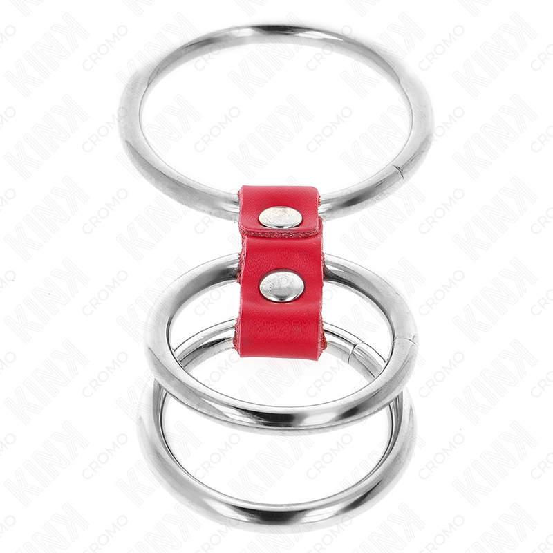 Anneau pénis triple métal 3,7 cm à 5 cm connecté avec du cuir rouge