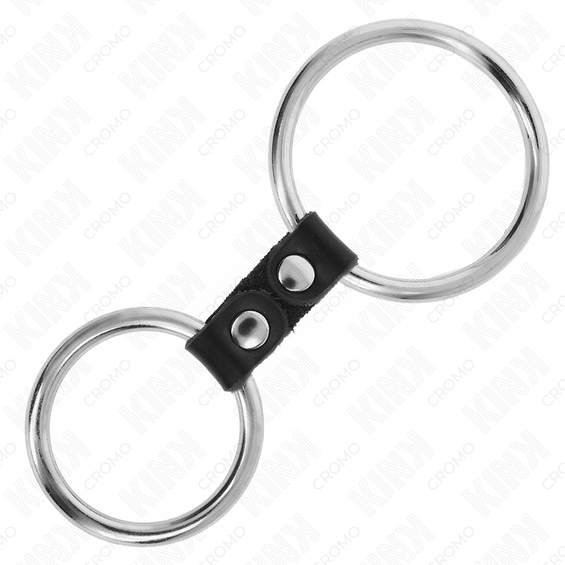 Double metal penis ring from 3.7 cm to 5 cm connected by leather strap model 2