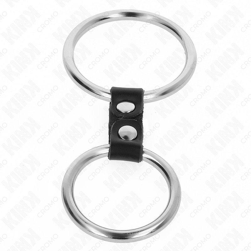 Double metal penis ring from 3.7 cm to 5 cm connected by leather strap model 2