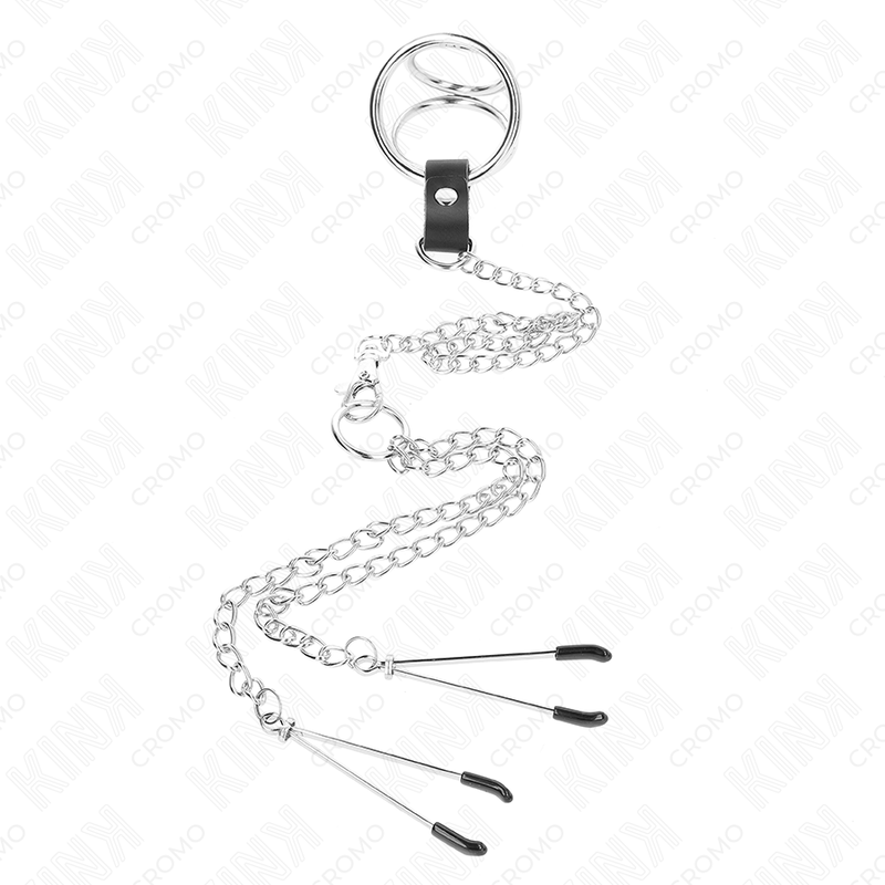 Triple Chrome Metal Penis Ring 3.8cm to 5cm with 26cm Metal Chain and Nipple Clamps Model 2