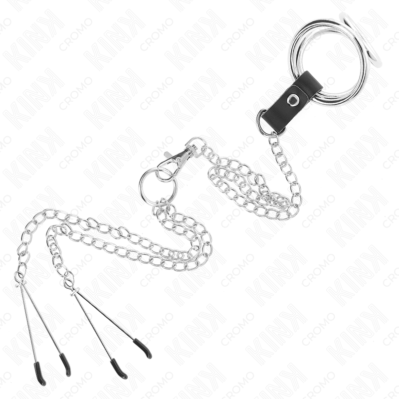 Triple Chrome Metal Penis Ring 3.8cm to 5cm with 26cm Metal Chain and Nipple Clamps Model 2