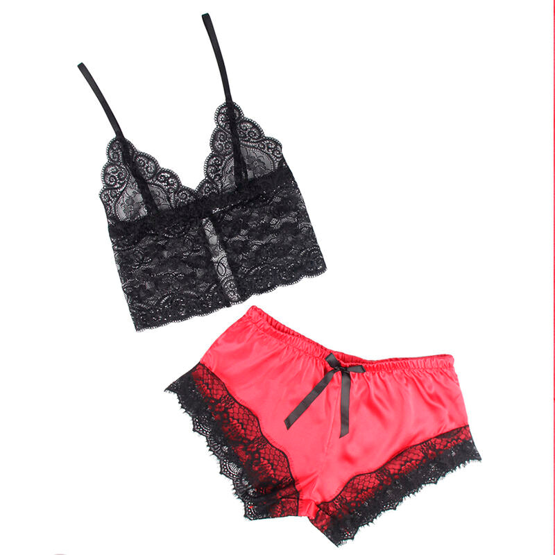 953959 silk casual nightgown + lace pants black/red s/m