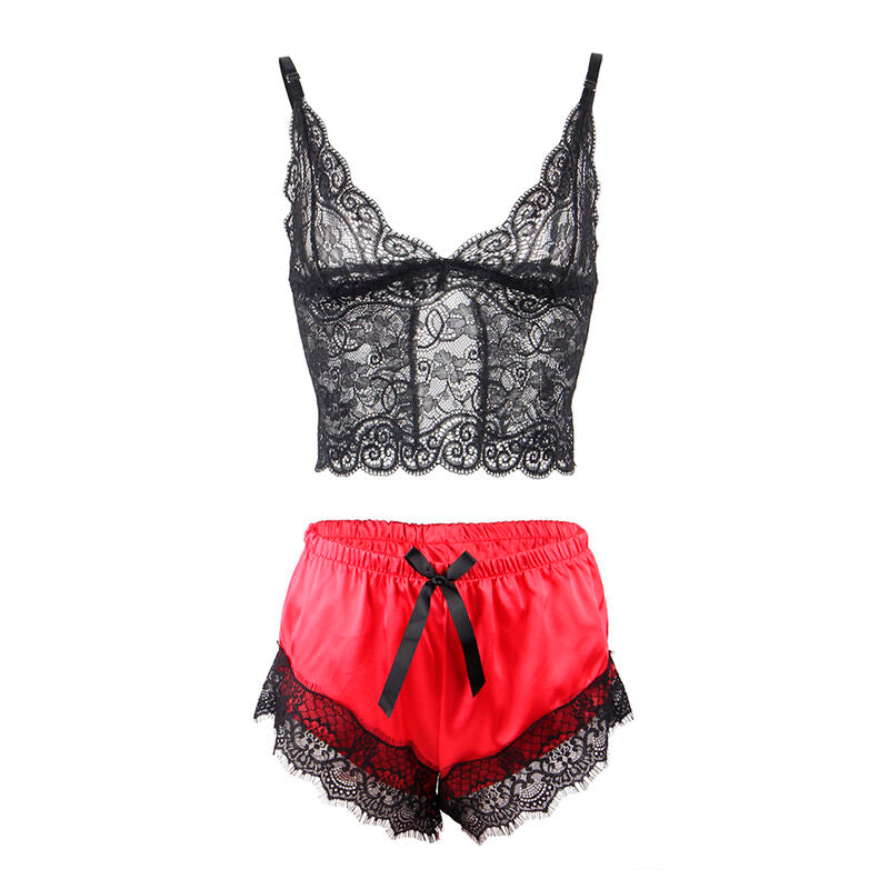 953966 silk casual nightgown + lace pants black/red l/xl