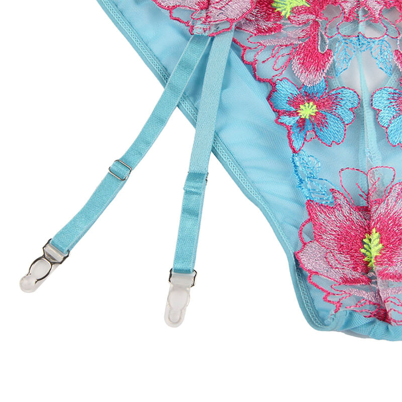 954116 bra + panties with suspenders floral pattern blue l/xl