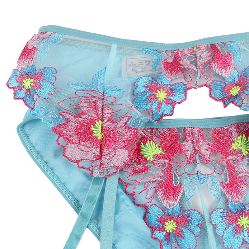 954116 bra + panties with suspenders floral pattern blue l/xl