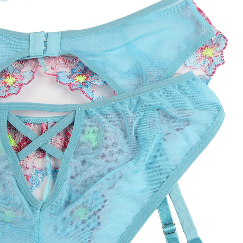 954116 bra + panties with suspenders floral pattern blue l/xl