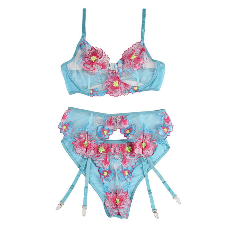 954116 bra + panties with suspenders floral pattern blue l/xl