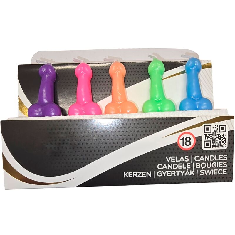 Boîte de 5 bougies en forme de pénis de différentes couleurs