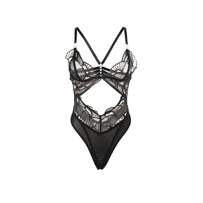 955212 transparent bodysuit with black hollow lace s/m
