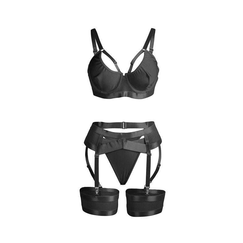 955243 black bondage bra set with garter belt l/xl