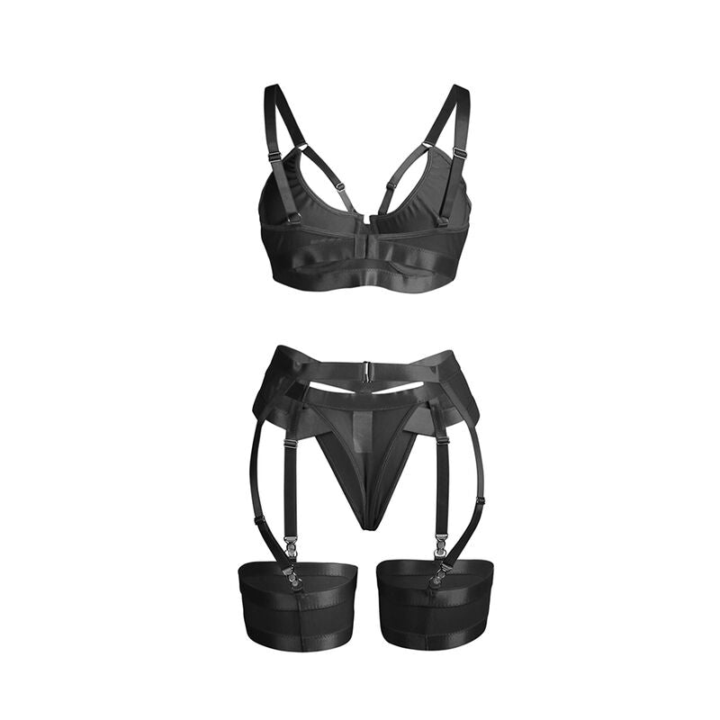 955243 black bondage bra set with garter belt l/xl