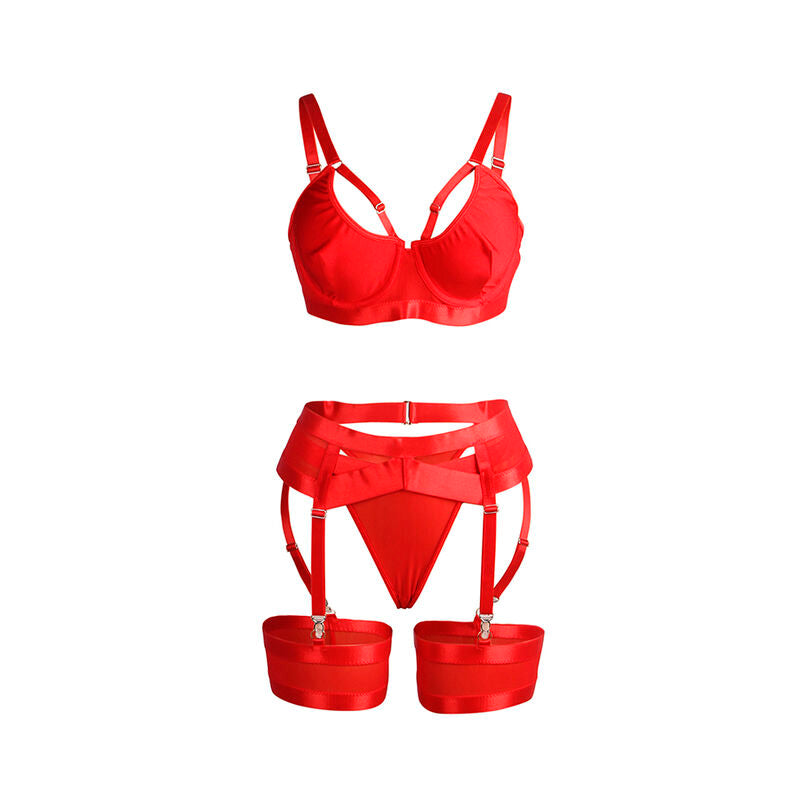 955250 red bondage bra set with garters s/m