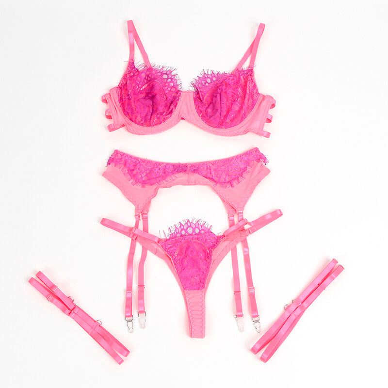 955366 bra set with lace lines and garters pink and purple l/xl