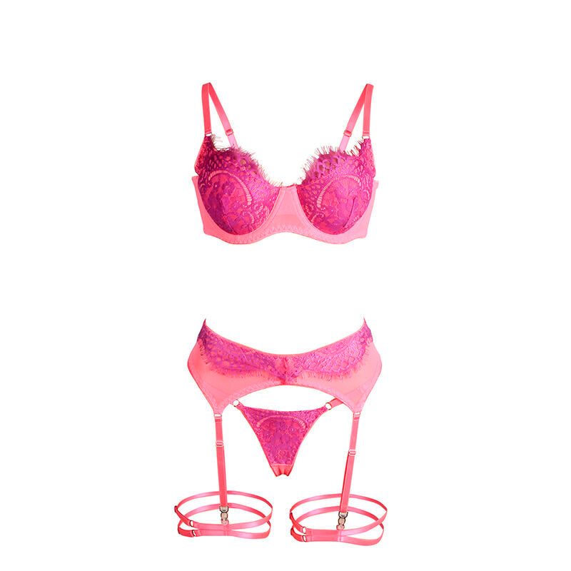 955366 bra set with lace lines and garters pink and purple l/xl