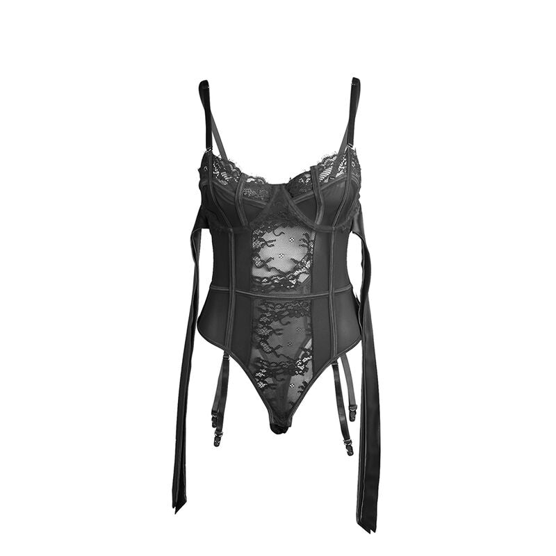 955502 lace bodysuit with bows and suspenders black l/xl