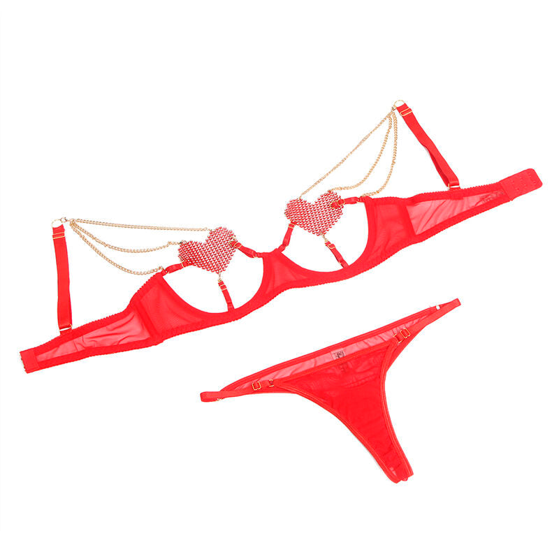 955519 ensemble soutien-gorge avec chaînes et coeur en maille rouge s/m