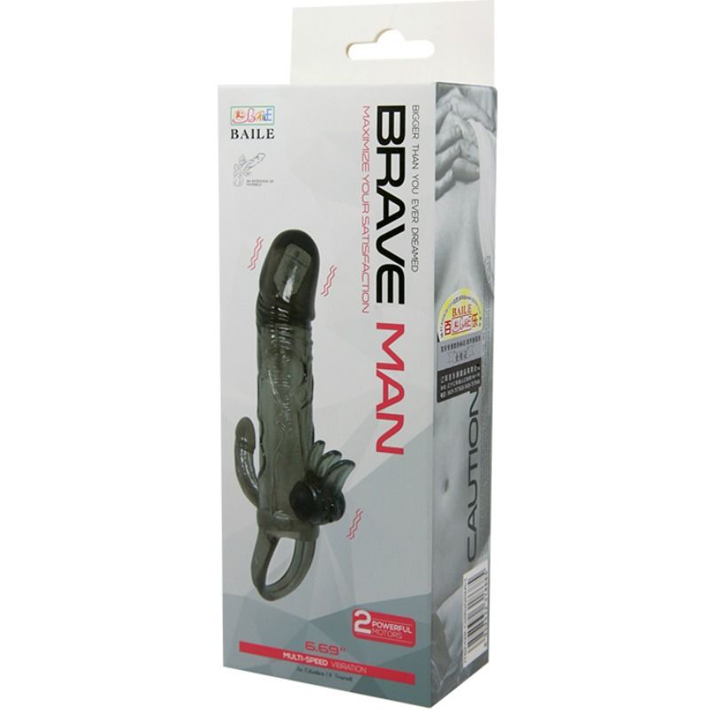 Brave Man Penis Sleeve with Clit and Anal Stimulation Double Bullet Black 16.5 cm