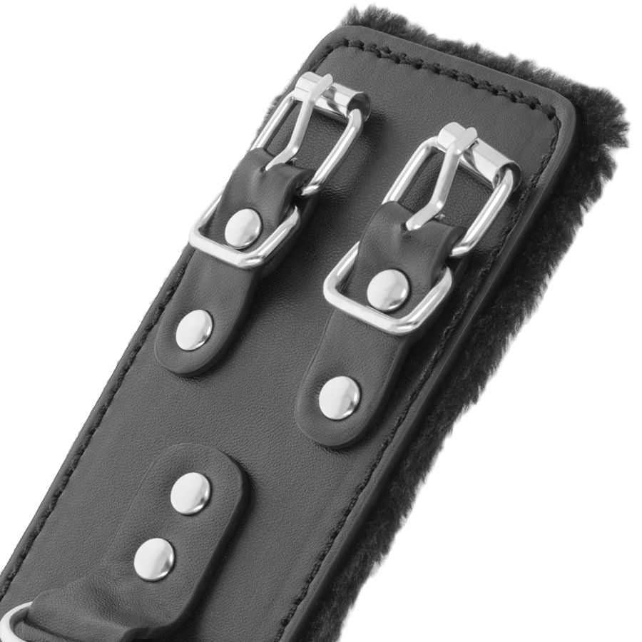 Adjustable black leather handcuffs with lining