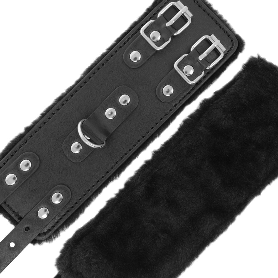 Adjustable black leather handcuffs with lining