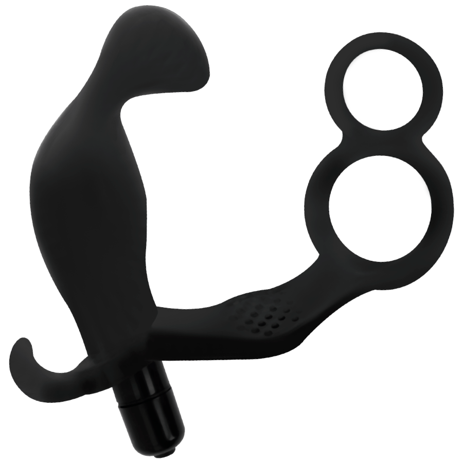 Anal plug with double penis and testicle ring black
