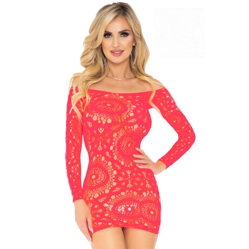 Robe mini à manches longues en dentelle au crochet rouge taille unique